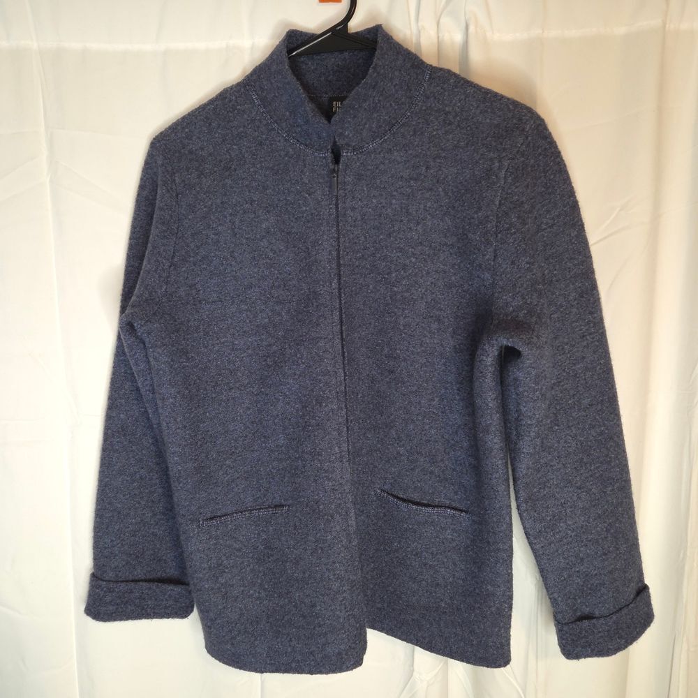 Eileen Fisher 100% Wool Zip Jacket Blue Boiled Wool Minimalist Lagenlook Casual - Picture 2 of 9